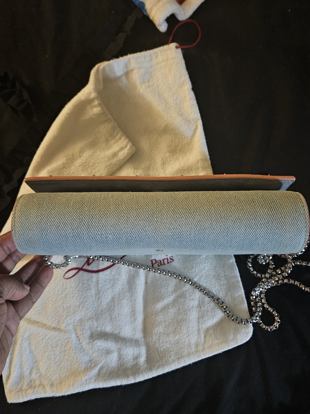 CHRISTIAN LOUBOUTIN Paloma The Sky Blue Denim Embellished Clutch Bag Crossbody - Picture 12 of 12